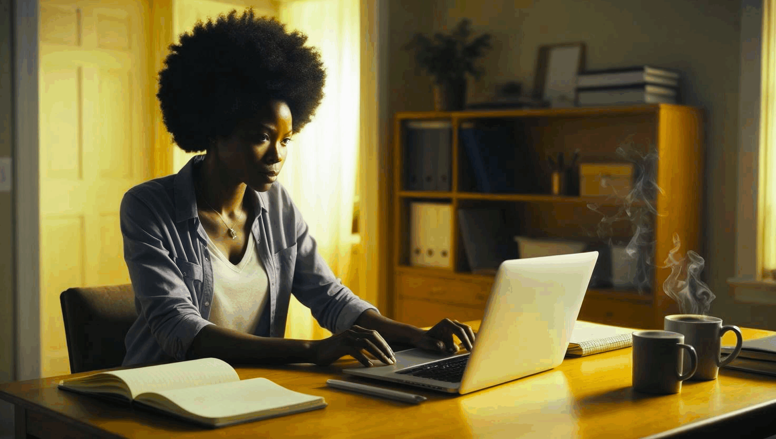 emme salariée construisant son business en ligne en soirée sans faire de dépenses inutiles.